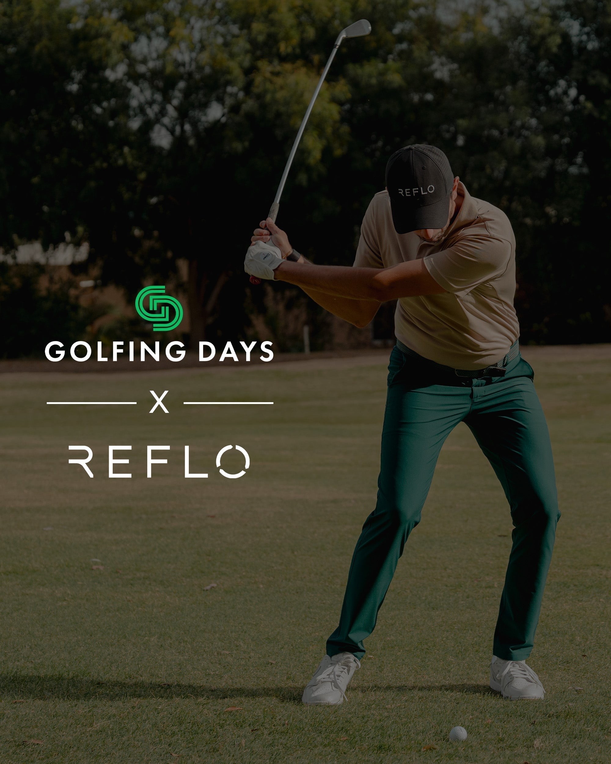 A golfer swings a club with the Golfing Days x Reflo logo in the background