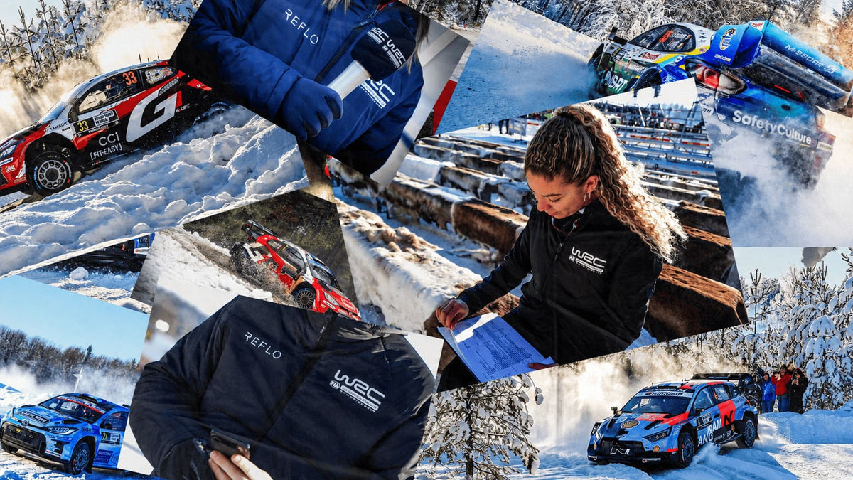 A montage highlighting Reflo's collaboration collecton the World Rally Championship